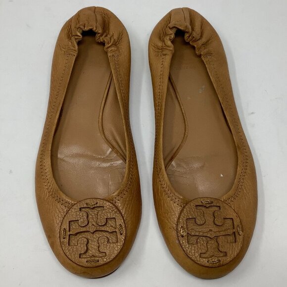 Tory Burch ballet flats elastic ankle brown tan logo 9 *size worn off* pre-worn - Picture 1 of 6